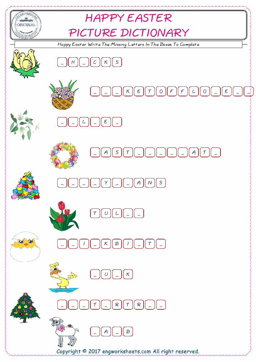  Type in the blank and learn the missing letters in the Happy Easter words given for kids English worksheet. 